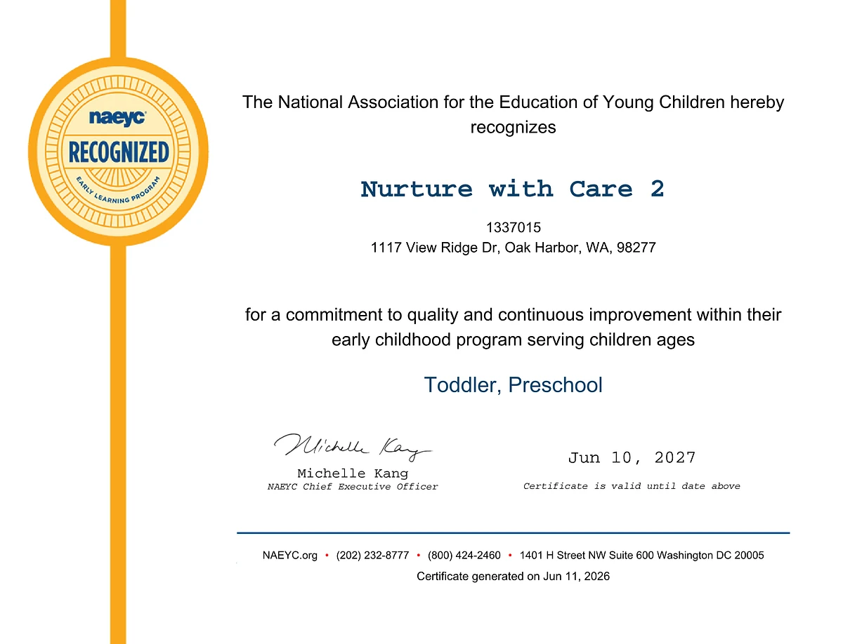 NAEYC Recognition Certificate — Nurture with Care Kids Academy, View Ridge